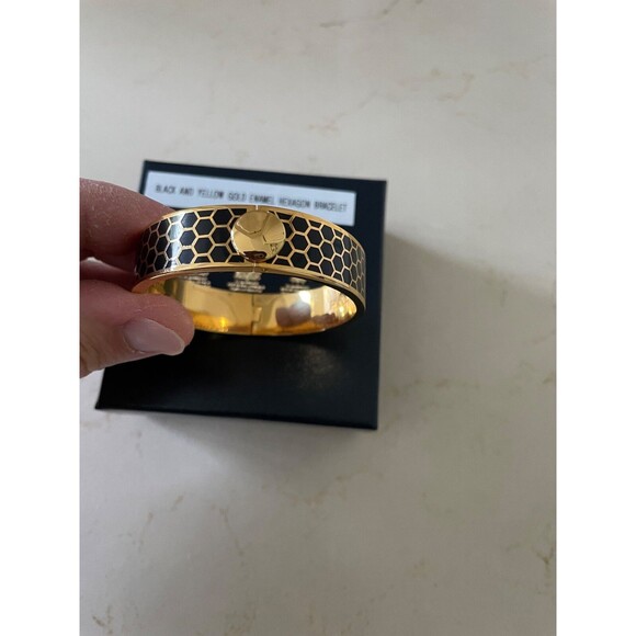 Halcyon Days Black Enamel/Yellow Gold Plated Hexagon Hinged Bangle Bracelet - Picture 3 of 8